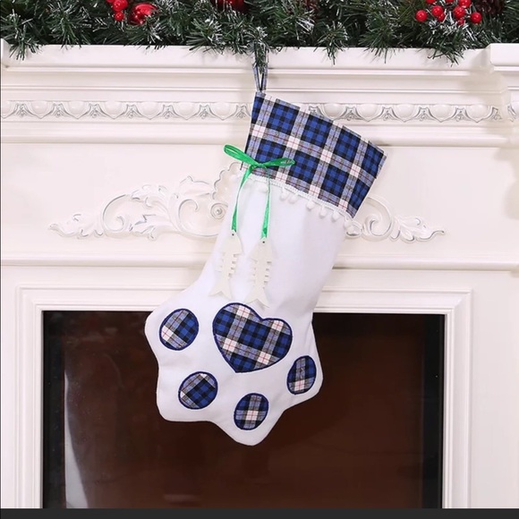 Pet Dog Cat Paw Print Holiday Christmas Stockings 2 Blue - Picture 3 of 3